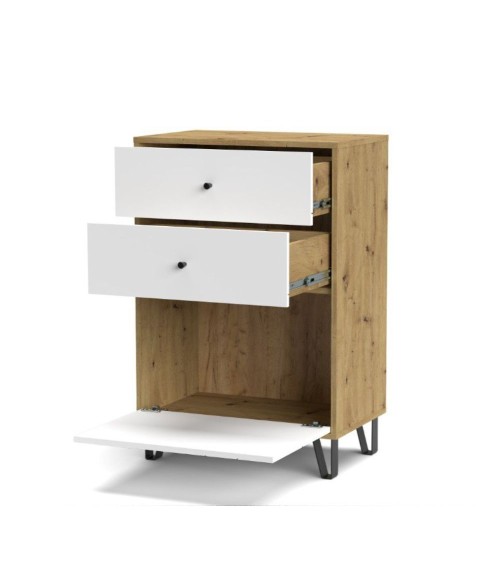 Cassettiera Bollo BO18 2 cassetti e un cassetto con anta a ribalta con dettaglio geometrico colore rovere artisan e bianco