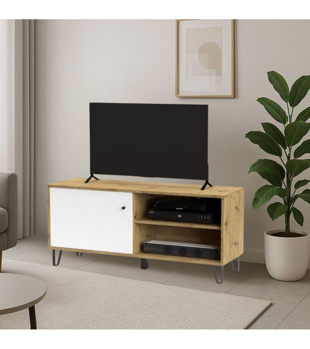 Mobile porta tv Bollo BO01 con due vani a giorno rovere e un'anta bianca con dettaglio geometrico