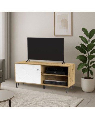 Mobile porta tv Bollo BO01 con due vani a giorno rovere e un'anta bianca con dettaglio geometrico