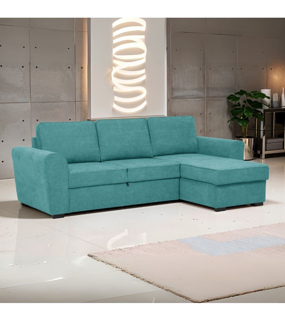 Divano letto corner reversibile Aston con contenitore in tessuto C1702 turchese