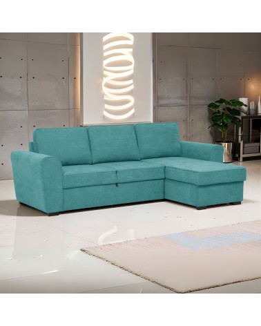 Divano letto corner reversibile Aston con contenitore in tessuto C1702 turchese