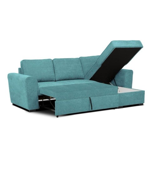 Divano letto corner reversibile Aston con contenitore in tessuto C1702 turchese
