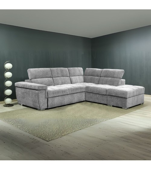 Divano letto angolare reversibile Amalfi con 5 poggiatesta regolabili e pouf indipendente in tessuto Giulia 9712 grigio chiaro