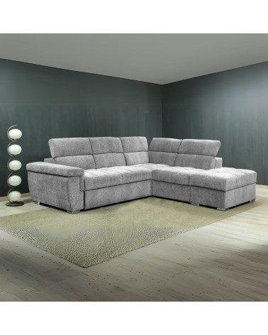 Divano letto angolare reversibile Amalfi con 5 poggiatesta regolabili e pouf indipendente in tessuto Giulia 9712 grigio chiaro