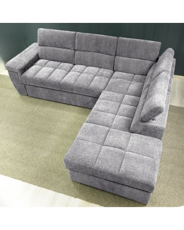 Divano letto angolare reversibile Amalfi con 5 poggiatesta regolabili e pouf indipendente in tessuto Giulia 9712 grigio chiaro