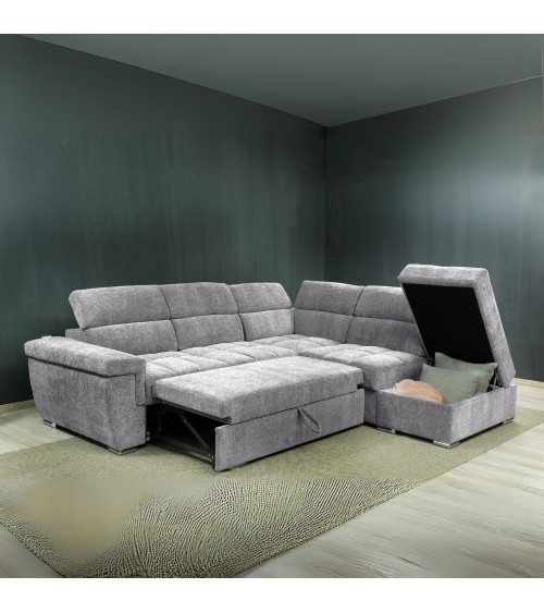 Divano letto angolare reversibile Amalfi con 5 poggiatesta regolabili e pouf indipendente in tessuto Giulia 9712 grigio chiaro