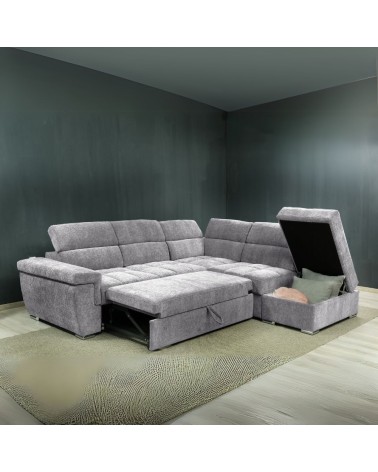 Divano letto angolare reversibile Amalfi con 5 poggiatesta regolabili e pouf indipendente in tessuto Giulia 9712 grigio chiaro