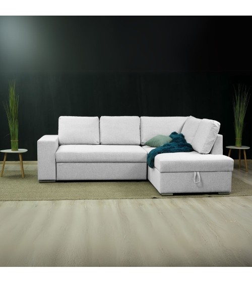 Divano letto angolare Bali con penisola contenitore in tessuto Neve 80 light grey