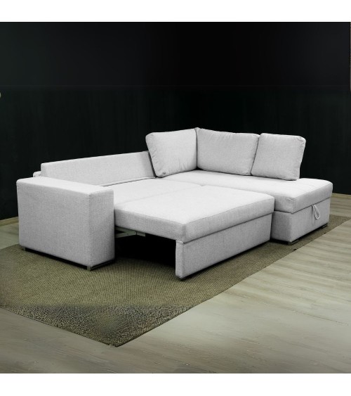 Divano letto angolare Bali con penisola contenitore in tessuto Neve 80 light grey