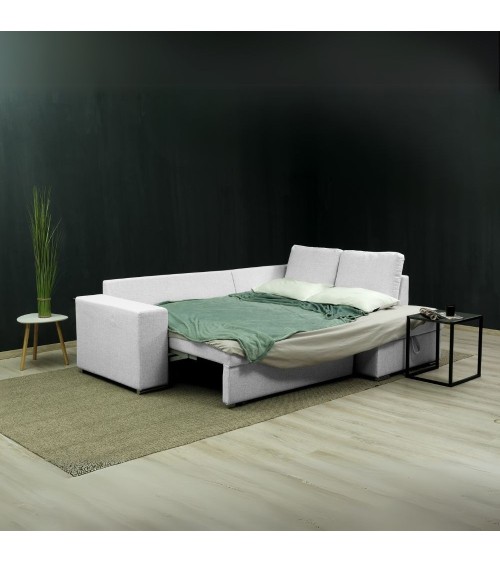 Divano letto angolare Bali con penisola contenitore in tessuto Neve 80 light grey