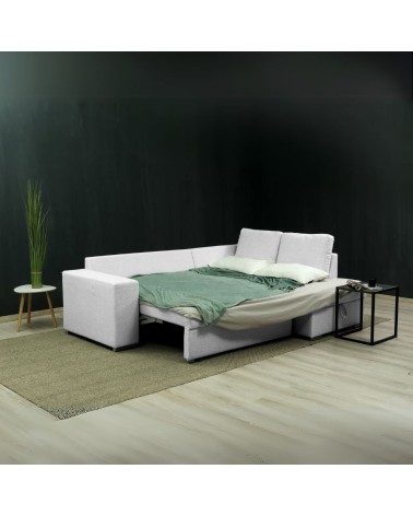 Divano letto angolare Bali con penisola contenitore in tessuto Neve 80 light grey