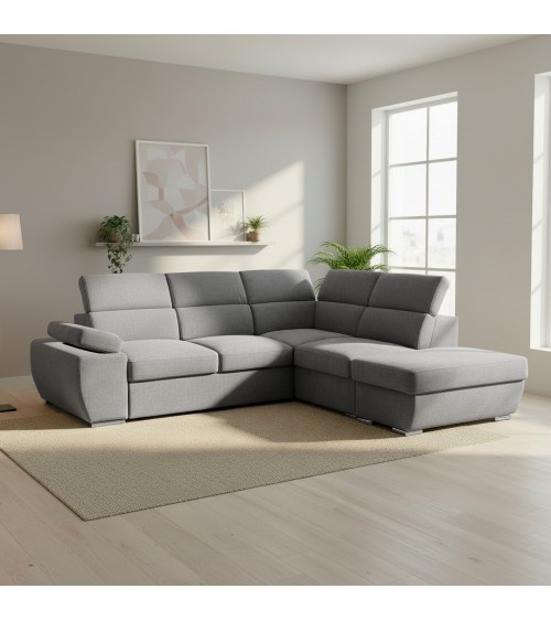 Divano letto angolare destro Arizona con poggiatesta e bracciolo regolabili con pouf contenitore in tessuto Giulia 9713 grigio