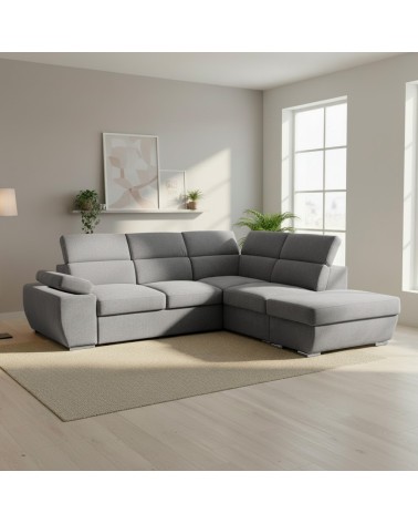 Divano letto angolare destro Arizona con poggiatesta e bracciolo regolabili con pouf contenitore in tessuto Giulia 9713 grigio
