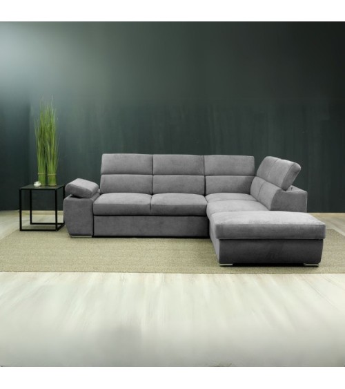 Divano letto angolare destro Arizona con poggiatesta e bracciolo regolabili con pouf contenitore in tessuto Giulia 9713 grigio