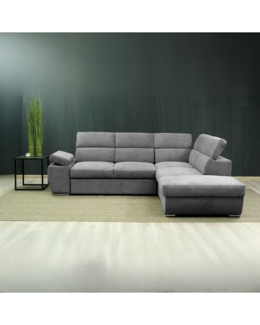 Divano letto angolare destro Arizona con poggiatesta e bracciolo regolabili con pouf contenitore in tessuto Giulia 9713 grigio
