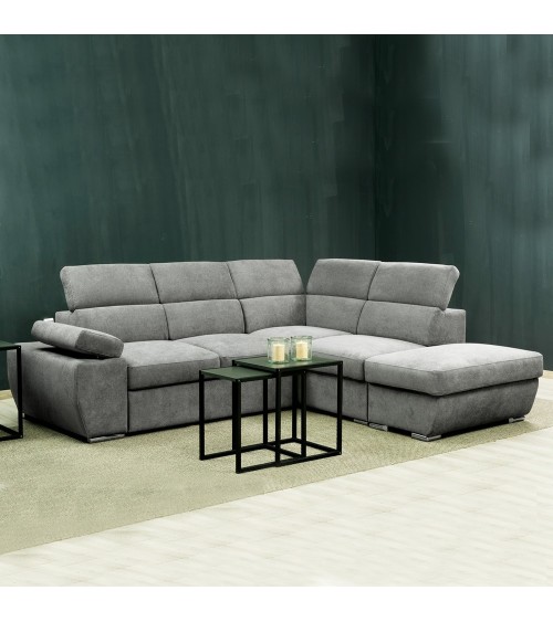 Divano letto angolare destro Arizona con poggiatesta e bracciolo regolabili con pouf contenitore in tessuto Giulia 9713 grigio