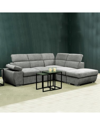 Divano letto angolare destro Arizona con poggiatesta e bracciolo regolabili con pouf contenitore in tessuto Giulia 9713 grigio