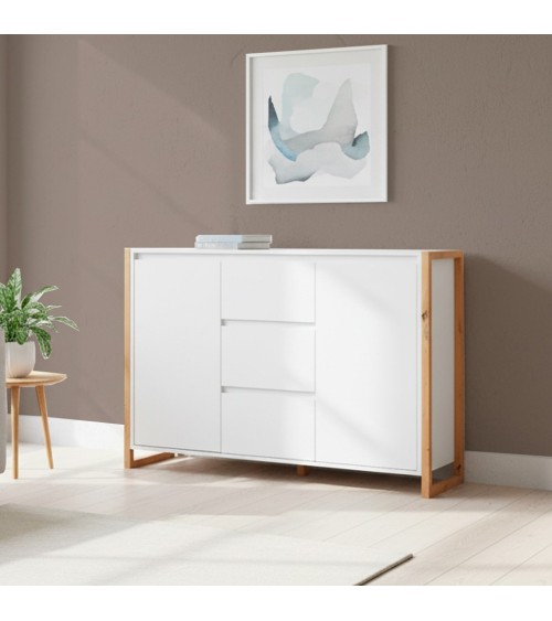 Credenza New Denver2 con 3 cassetti e 2 ante battenti in bianco e rovere