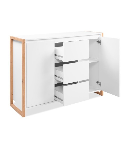 Credenza New Denver2 con 3 cassetti e 2 ante battenti in bianco e rovere