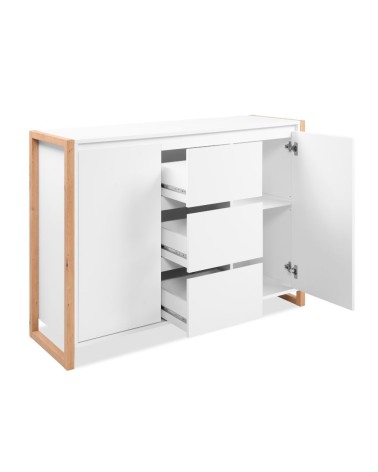 Credenza New Denver2 con 3 cassetti e 2 ante battenti in bianco e rovere