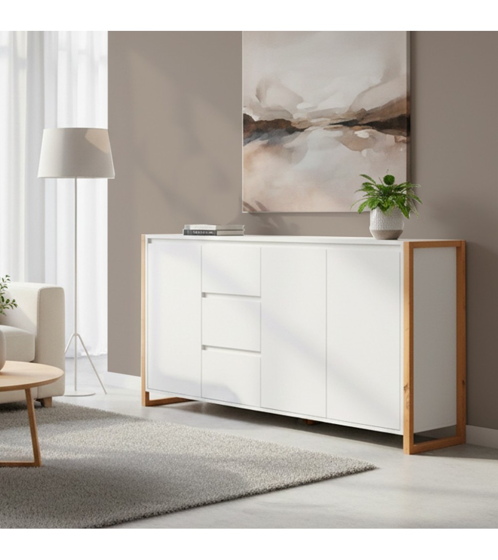 Credenza New Denver3 con 3 cassetti e 3 ante battenti in bianco e rovere