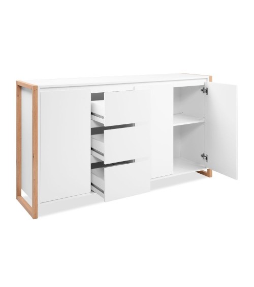 Credenza New Denver3 con 3 cassetti e 3 ante battenti in bianco e rovere