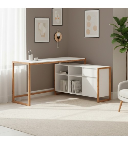 Scrivania angolare New Denver37A reversibile con 1 cassetto 1 anta e 4 ripiani in bianco e rovere
