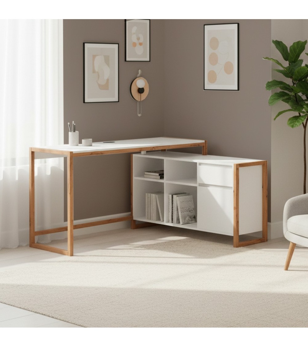 Scrivania angolare New Denver37A reversibile con 1 cassetto 1 anta e 4 ripiani in bianco e rovere