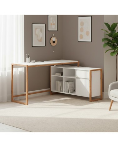 Scrivania angolare New Denver37A reversibile con 1 cassetto 1 anta e 4 ripiani in bianco e rovere