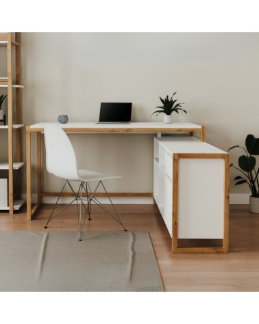 Scrivania angolare New Denver37A reversibile con 1 cassetto 1 anta e 4 ripiani in bianco e rovere