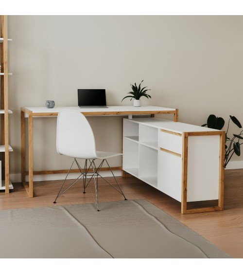 Scrivania angolare New Denver37A reversibile con 1 cassetto 1 anta e 4 ripiani in bianco e rovere