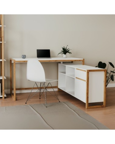 Scrivania angolare New Denver37A reversibile con 1 cassetto 1 anta e 4 ripiani in bianco e rovere