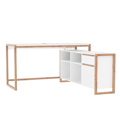 Scrivania angolare New Denver37A reversibile con 1 cassetto 1 anta e 4 ripiani in bianco e rovere