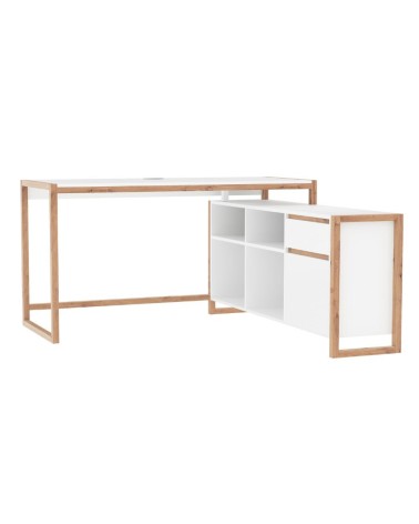 Scrivania angolare New Denver37A reversibile con 1 cassetto 1 anta e 4 ripiani in bianco e rovere