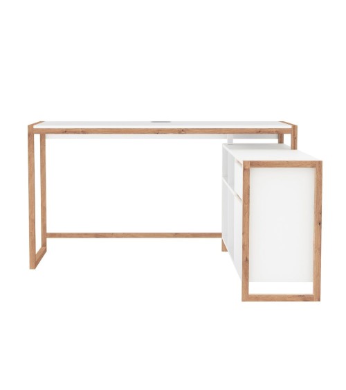 Scrivania angolare New Denver37A reversibile con 1 cassetto 1 anta e 4 ripiani in bianco e rovere