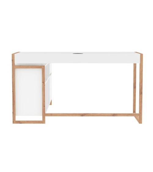 Scrivania angolare New Denver37A reversibile con 1 cassetto 1 anta e 4 ripiani in bianco e rovere