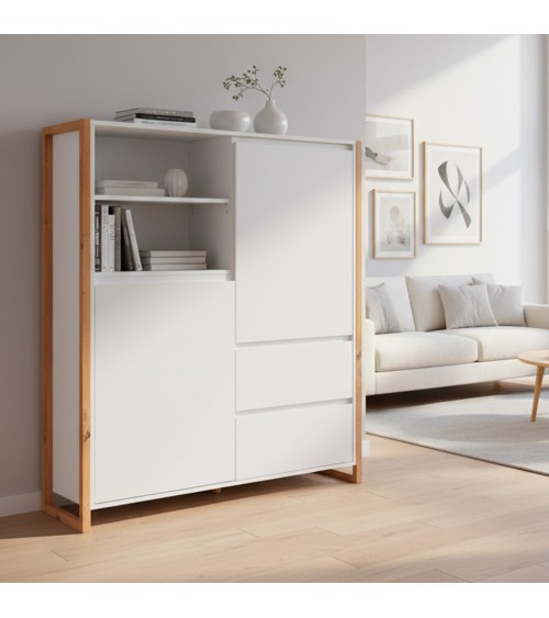Credenza alta New Denver51 con vani a giorno due ante e due cassetti colore bianco e rovere