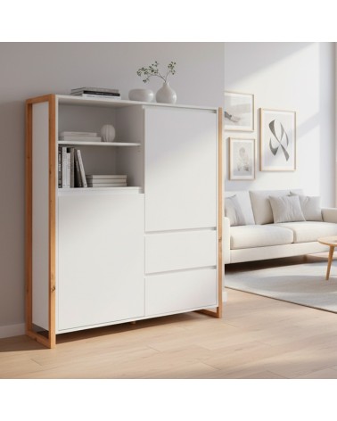 Credenza alta New Denver51 con vani a giorno due ante e due cassetti colore bianco e rovere
