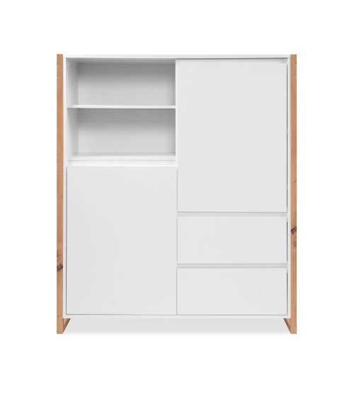 Credenza alta New Denver51 con vani a giorno due ante e due cassetti colore bianco e rovere
