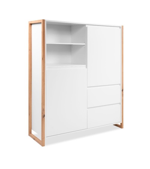 Credenza alta New Denver51 con vani a giorno due ante e due cassetti colore bianco e rovere