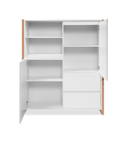 Credenza alta New Denver51 con vani a giorno due ante e due cassetti colore bianco e rovere