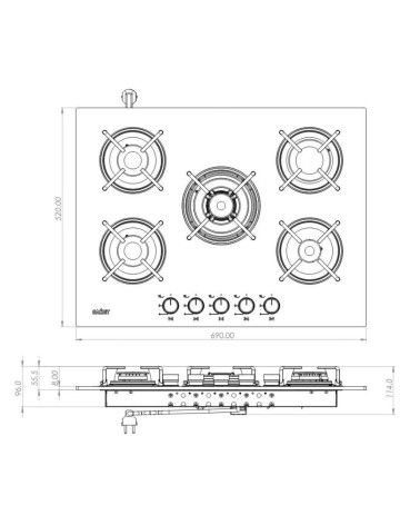 Piano cottura Samet Minerva 70 da incasso a gas 5 fuochi con manopole frontali in vetro bianco