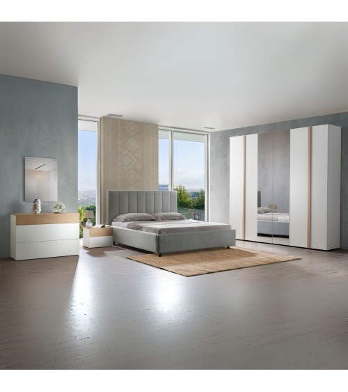 Camera da letto Amor con armadio 6 ante con specchio e letto imbottito con contenitore colore bianco e dettagli rovere