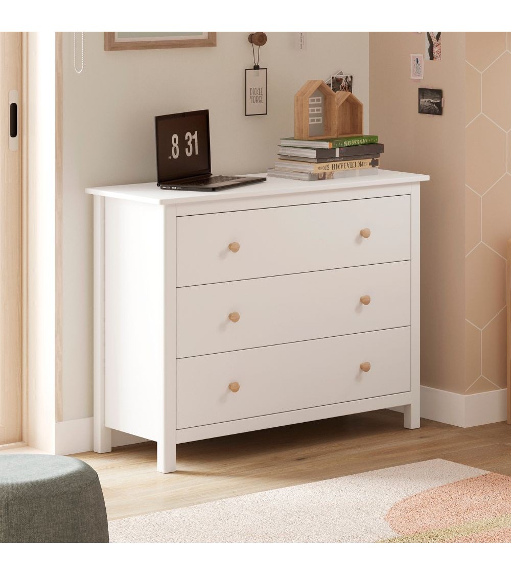 Comò Max 3 cassetti in legno massiccio colore bianco