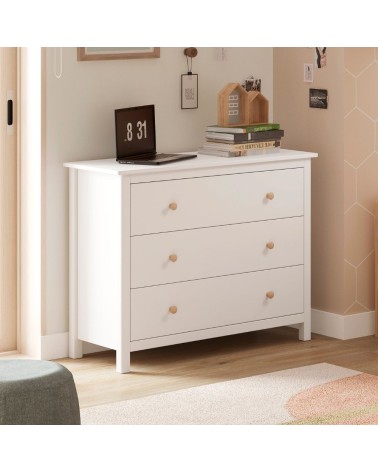 Comò Max 3 cassetti in legno massiccio colore bianco