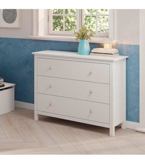 Comò Max 3 cassetti in legno massiccio colore bianco
