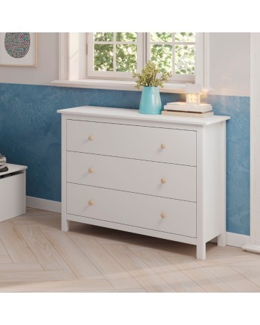 Comò Max 3 cassetti in legno massiccio colore bianco
