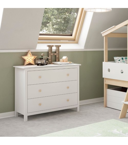 Comò Max 3 cassetti in legno massiccio colore bianco