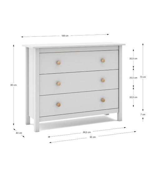 Comò Max 3 cassetti in legno massiccio colore bianco