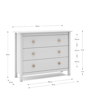 Comò Max 3 cassetti in legno massiccio colore bianco